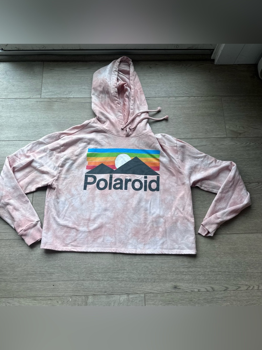 Polaroid Hoodie Womens Large Pink Cropped Graphic Sweatshirt Retro‎ Logo